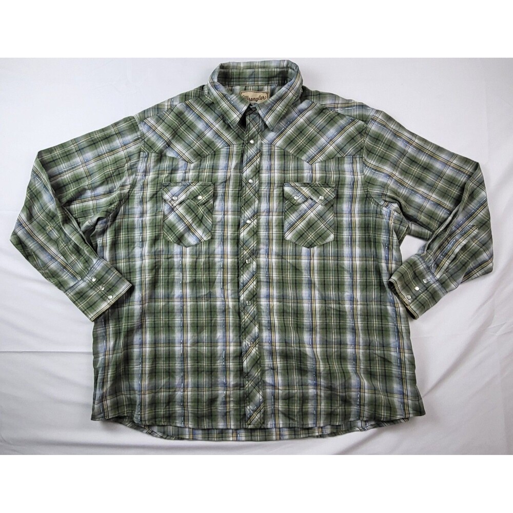 VTG Wrangler Pearl Snap Shirt Mens L/XL Plaid Long Sleeve Silver Metallic Green